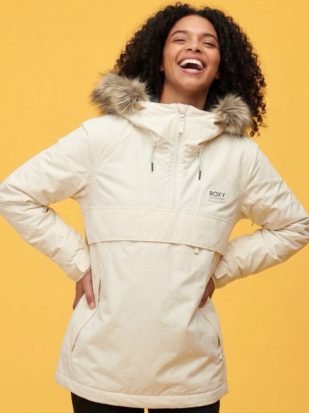 NWT Roxy Women's Cream Jacket Anorak  with Faux-Fur Hood Trim